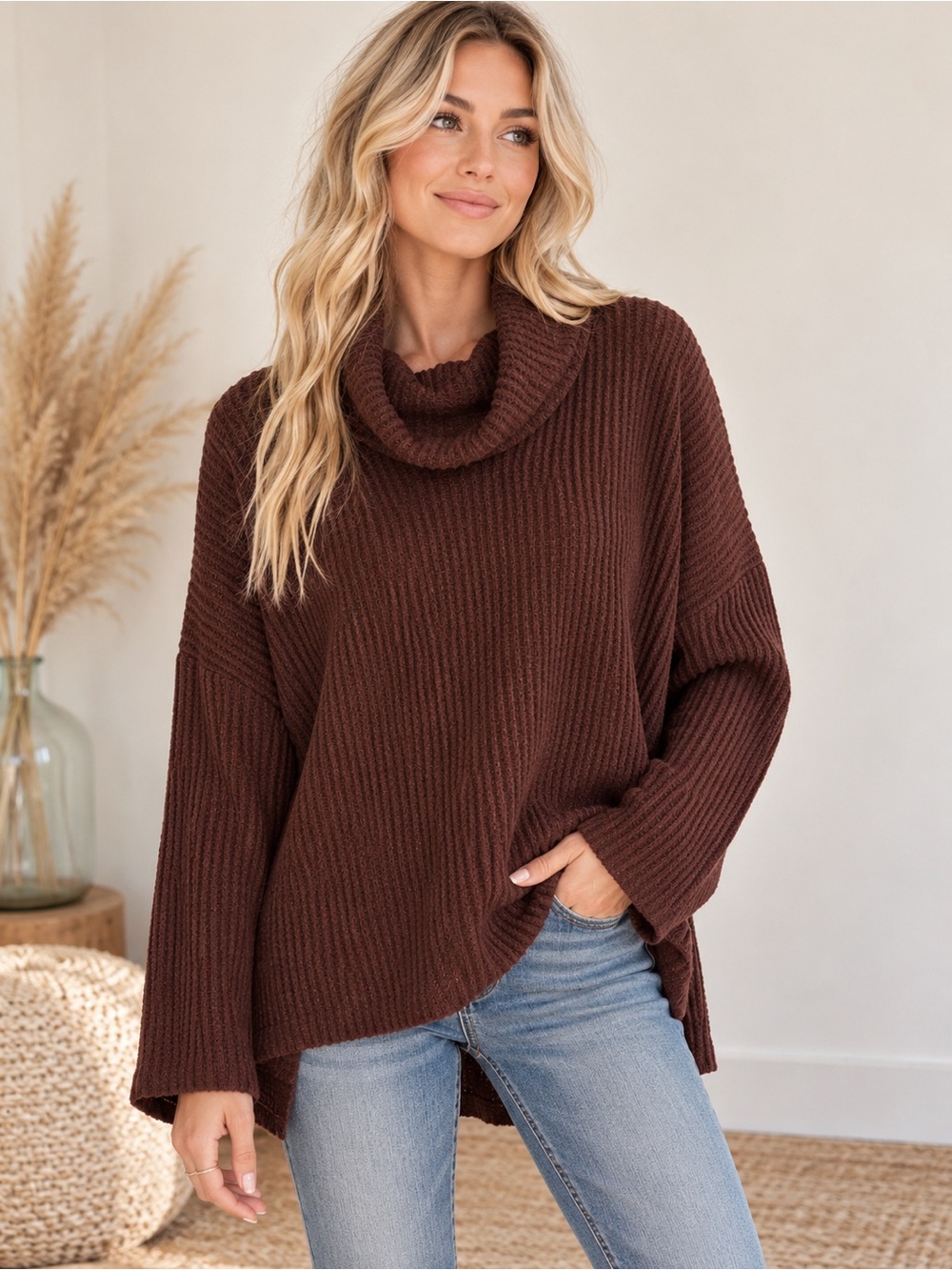 gaze Chocolate Brown Ribbed Cowl Neck Sweater